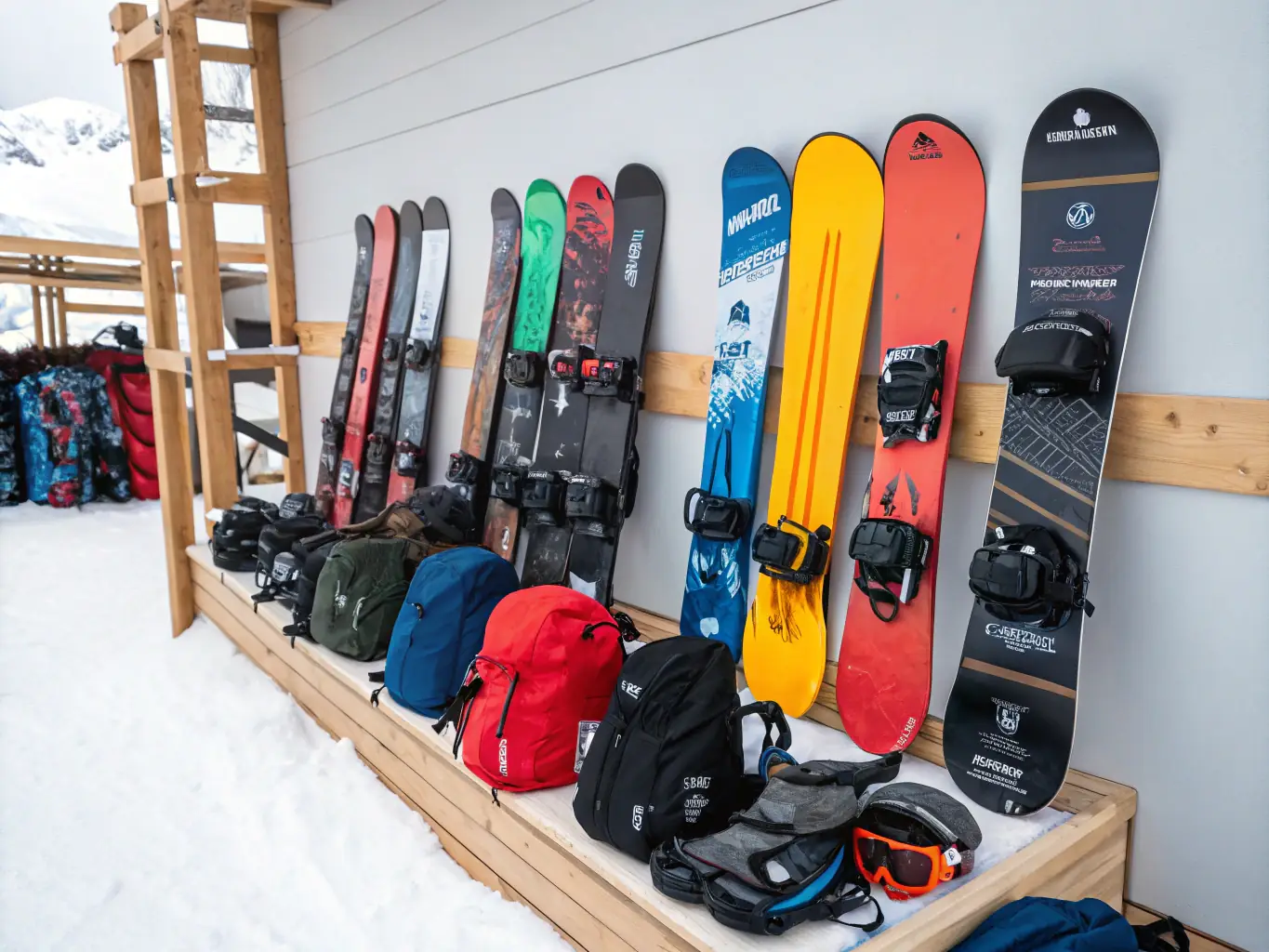 A wide selection of well-maintained ski and snowboard equipment neatly arranged in the rental shop at Warmwell Snowsports Centre, ready for guests to use.