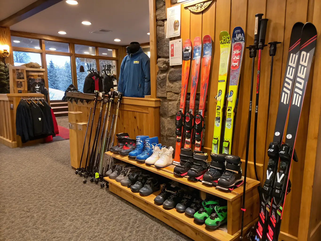 A brightly lit and well-organized ski rental shop at Warmwell Snowsports Centre, featuring a wide selection of skis, snowboards, and related equipment.