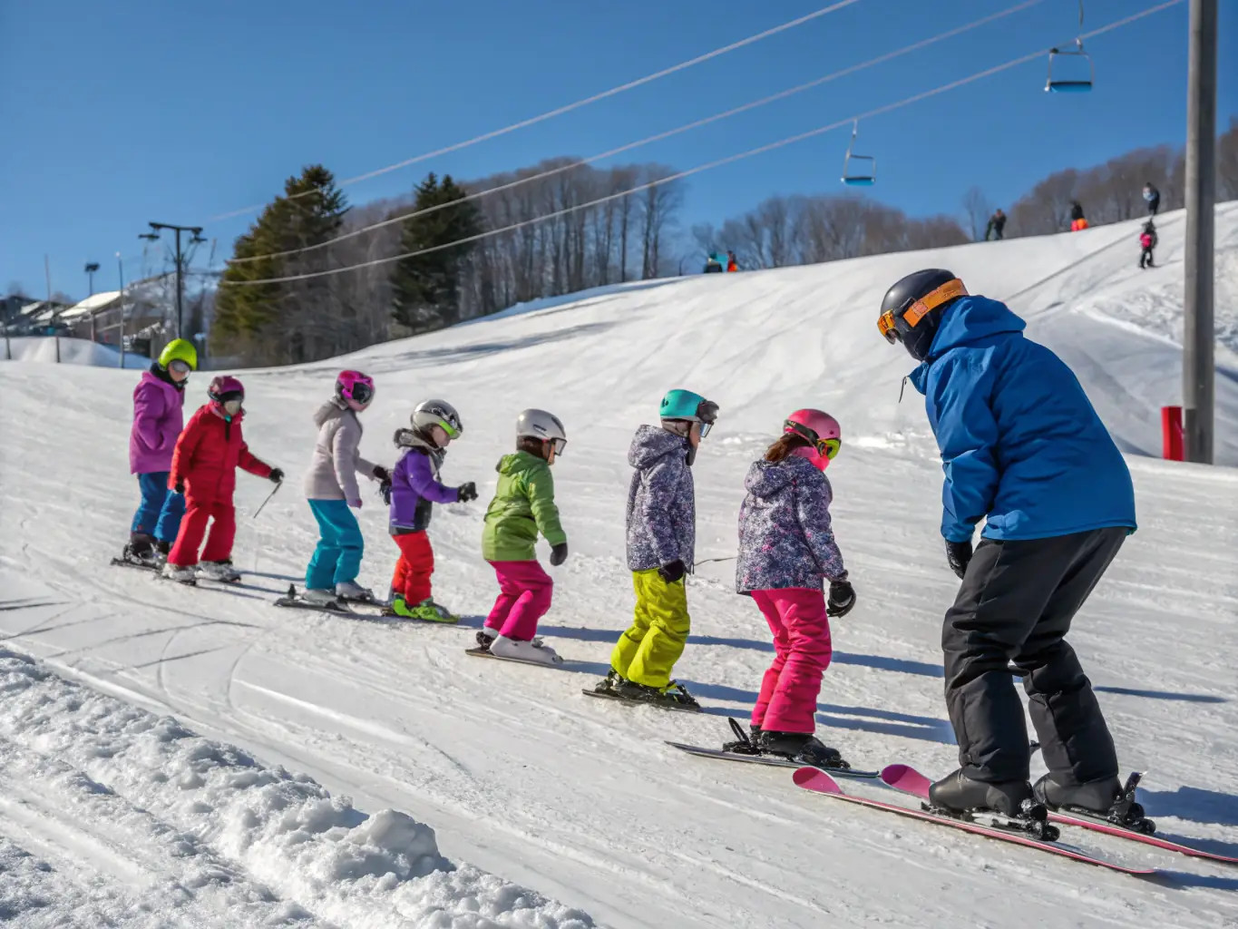 A dynamic shot of a group of skiers gliding down the slope during a lesson at Warmwell Snowsports Centre, showcasing the excitement and learning environment.