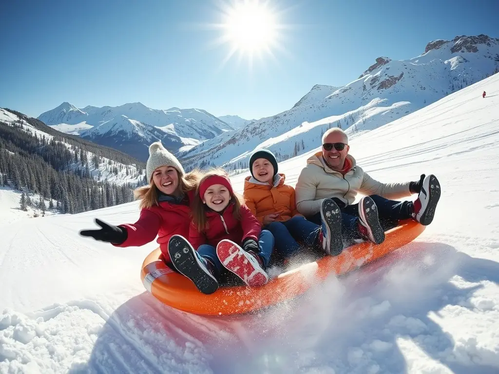 A family enjoying a fun day of snow tubing at Warmwell Snowsports Centre, laughing and sliding down the slope together.